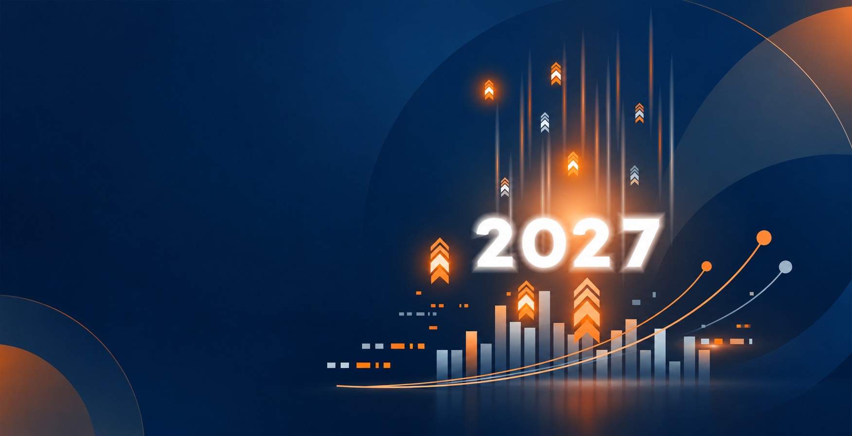 Ilustración abstracta sobre las tendencias tecnológicas 2027, con símbolos de inteligencia artificial, ciberseguridad, cloud y automatización.